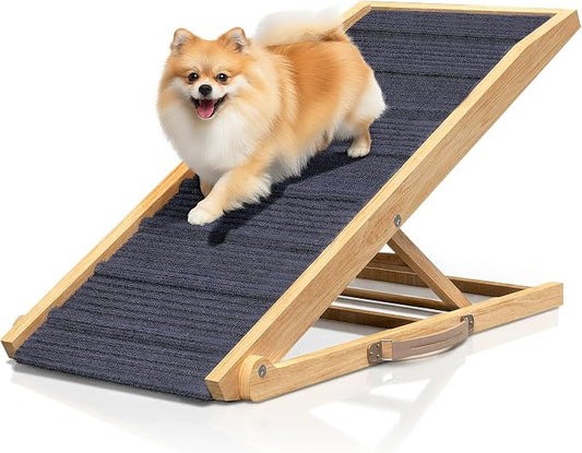 Adjustable Dog Ramp for Bed - 48" Long Foldable Wooden Ramp for Dogs to Get on Bed, Couch, or Car with 16.5" Wide Walking Space (Natural Wood with Gray Carpet)