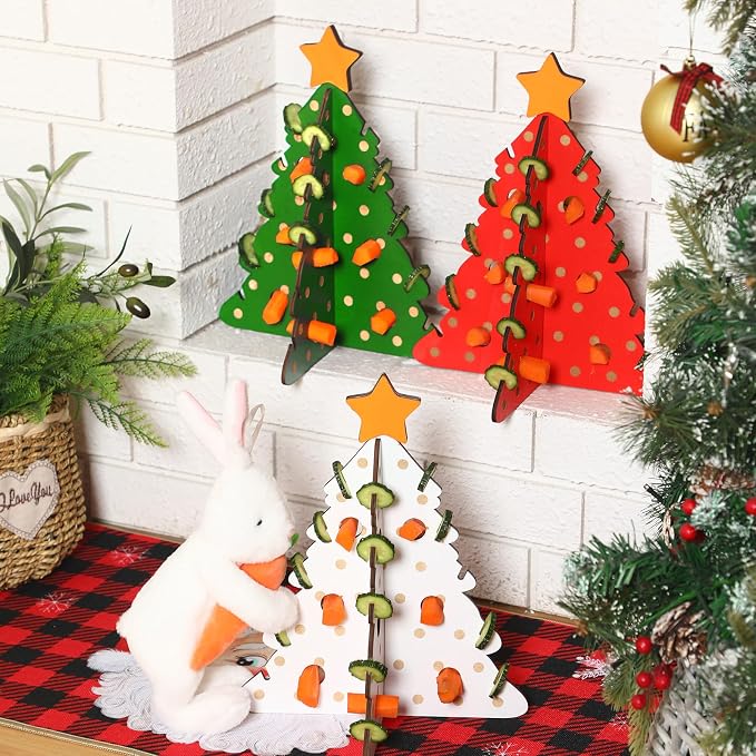 Ziliny 3 Sets Rabbit Foraging Toy Christmas Guinea Pig Puzzle Toy Accessories Christmas Tree Bunny Vegetable Hay Feeder for Hamster