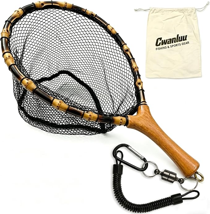 Floating Handcrafted Bamboo Fly Fishing Landing Net, Solid Wood Handle, Soft Rubber Coated Mesh for Trout, Kayak & Stream Fishing, Includes Magnetic Release & Safety Lanyard