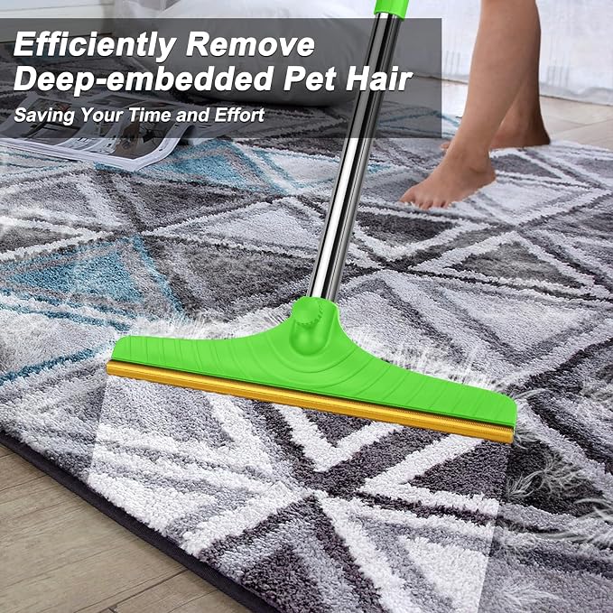B-Land Carpet Rake for Pet Hair Removal, Reusable Pet Hair Remover with 60” Adjustable Long Handle, Carpet Scraper Dog Cat Hair Remover Tool for Rugs, Mats, Couch, Furniture Green