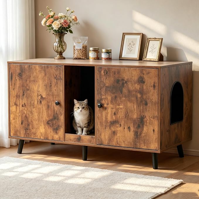 Litter Box Furniture for 2 Cats - Farmhouse Cat Litter Box Enclosure Cabinet Hidden Double Room, 42.3" TV Stand Large Space for Standard Pan Litter Boxes, Vintage Brown