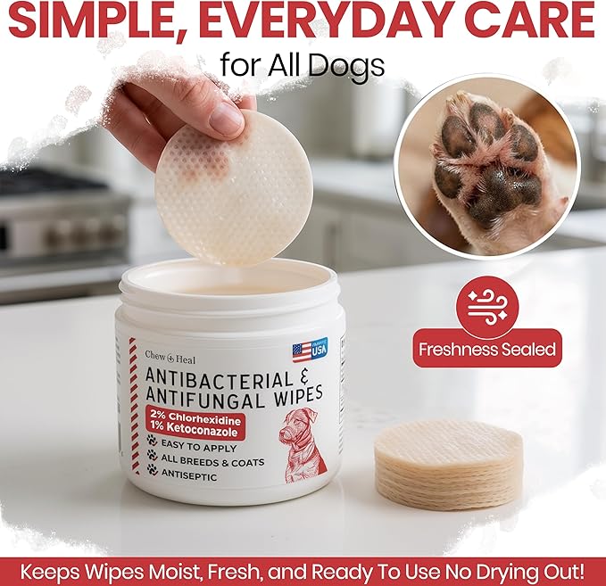 Chew + Heal Labs Dog Paw Wipes Antibacterial 100 Count - Antifungal Wipes for Dogs with 2% Chlorhexidine and 1% Ketoconazole - Good for All Breeds - Made in the USA