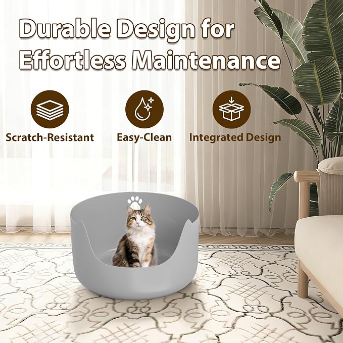 High Sides Low Entry Large Litter Pan (21.6x21.6x13.1 Inches), All-in-One Easy to Clean Plastic Litter Box for Kittens, Elderly & Large Cats, Doubles as Stylish Cat Bed, Grey