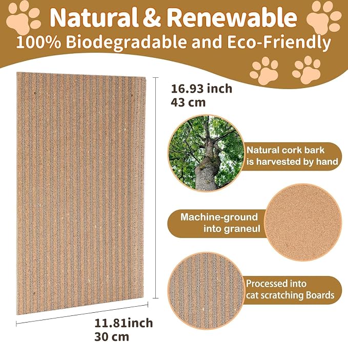 Natural Cork Cat Scratcher Boards for Wall & Floor - Natural Cork & Cardboard Blend, No Mess Splinters, Durable Easy Clean - Adjustable Height for All Cats, Furniture Protector【3-Pack】