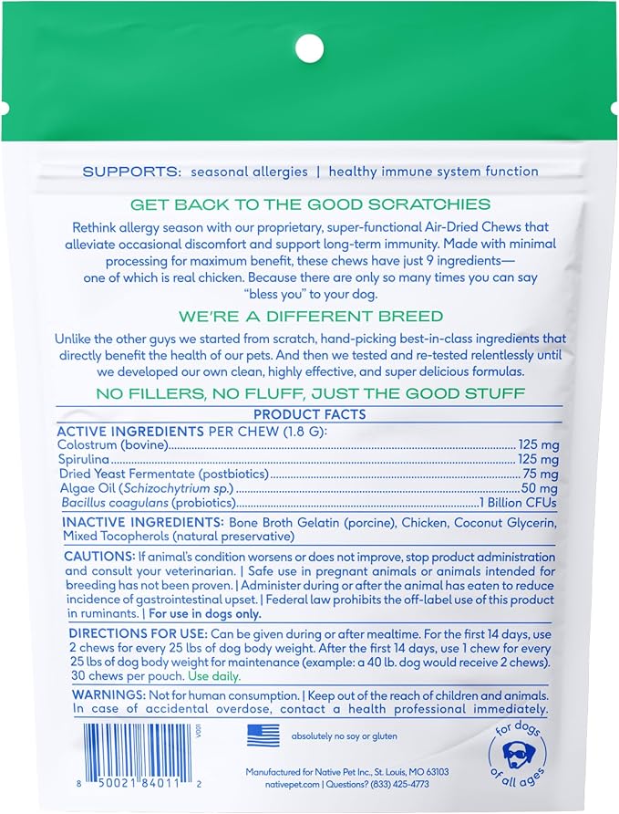 Native Pet Dog Allergy Chews - Dog Allergy Relief with Probiotics and Colostrum for Itchy Skin Relief to Support Seasonal Allergy and Healthy Immune System - All Natural Anti-Histamine - 30 Chews