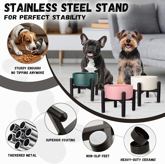 Raised Ceramic Dog Bowl, 6.1'' Modern Feeding Bowl with Non-Slip Stainless Steel Stand, Elevated Food or Water Dish for Small to Medium Dogs, 2 Cups (28.75 fl oz) - Grey