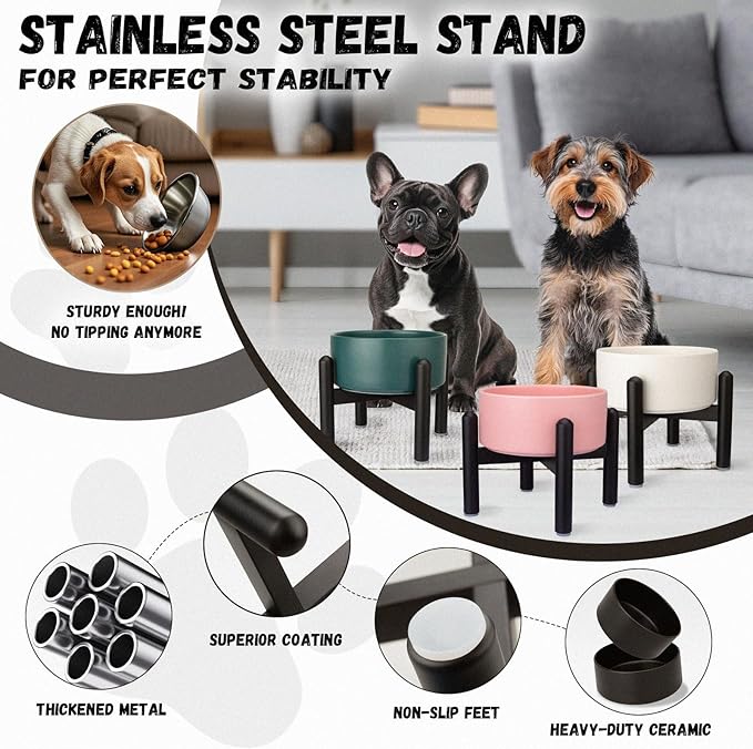 Raised Ceramic Dog Bowl, 6.1'' Modern Feeding Bowl with Non-Slip Stainless Steel Stand, Elevated Food or Water Dish for Small to Medium Dogs, 2 Cups (28.75 fl oz)- Pink