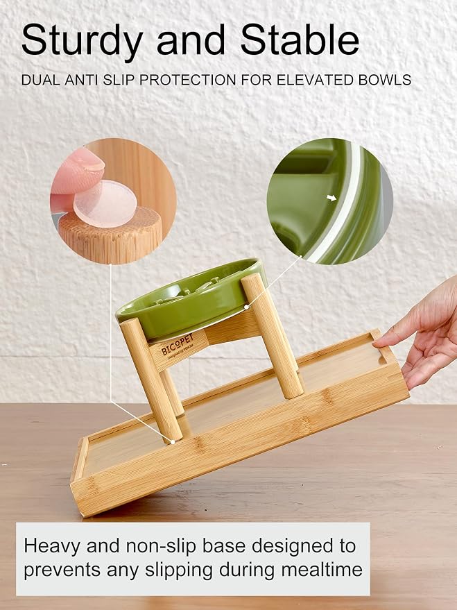 Ceramic Maze Dog Slow Feeder with Non-Slip Silicone Rim (& Bamboo Stand) – Heavy-Duty Stoneware Bowl with Puzzle Pattern for Bloating & Obesity Prevention (Raised-Apricot-M)