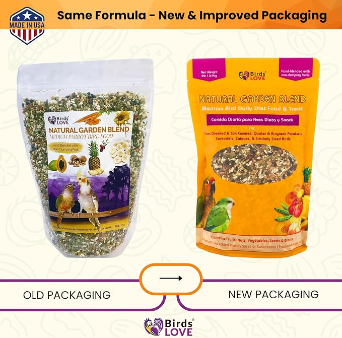 Birds LOVE All Natural Garden Blend Bird Food for Medium Birds, 2 lb, Fruit, Nut, Vegetable & Seed Mix for Cockatiels, Conures, Ringneck Parakeets & Small Quakers, Resealable Freshness Bag