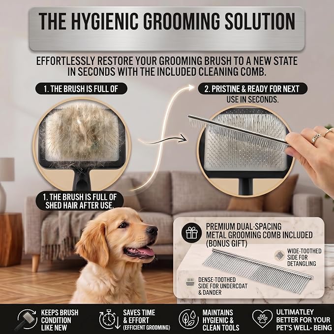 Large Slicker Brush for Dogs - 3-Piece Solid Wood Dog Grooming Kit for Doodles and Poodles - for Wavy, Curly & Matted Hair, Black