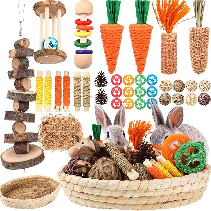 Novabright 33 PCS Rabbit Chew Treat Toys Set Natural Bunny Enrichment Toys for Teeth Health Indoor Outdoor for Rabbit Guinea Pig Chinchilla Hamster(Classic)