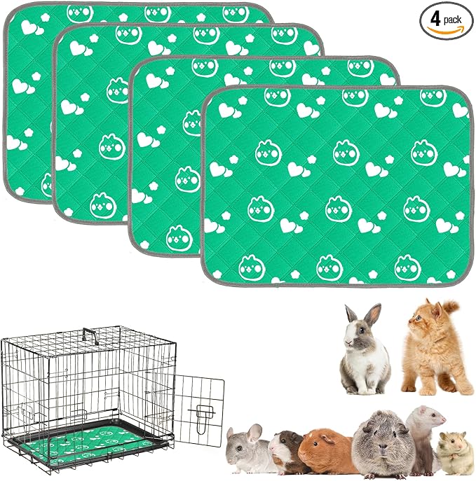 4 Pack Guinea Pig Bedding - Washable Guinea Pig Cage Liners, Waterproof Reusable & Anti Slip Pee Pads Super Absorbent Mats for Small Animals Pet Rabbit Bunny Hamster Rat (Green, 24 x 18 Inch)