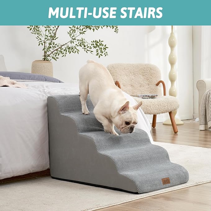 COZY KISS Wide Dog Stairs 19.7" Width, Pet Step for Small/Medium/Large Dog, Puppy or Cat, Pet Ramp for High Bed or Car, High Density Foam Ladder, 19.7x33x22.4 in, Stable, 5 Step, Grey