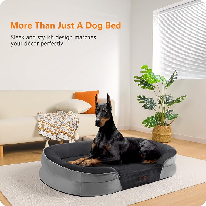 Dwanton Orthopedic Dog Bed for Extra Extra Large Dogs with Gel Memory Foam, Waterproof Dog Sofa, Washable Pet Bed with Four Sided Bolster Cushion, Removable Cover & Non-Slip Bottom, 48", Dark Grey