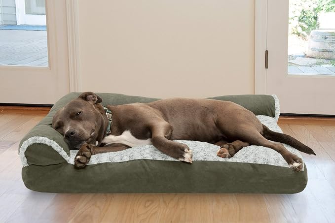 Furhaven Pillow Dog Bed for Large/Medium Dogs w/ Removable Bolsters & Washable Cover - Two-Tone Plush Faux Fur & Suede L Shaped Chaise - Dark Sage, Large