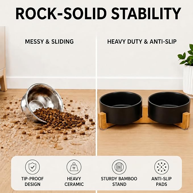 SPUNKYJUNKY Ceramic Dog and Cat Bowl Set with Wooden Stand, Modern Cute Weighted Food Water Bowl Set for Medium to Large Size Dogs (42 OZ, 2 × Black)