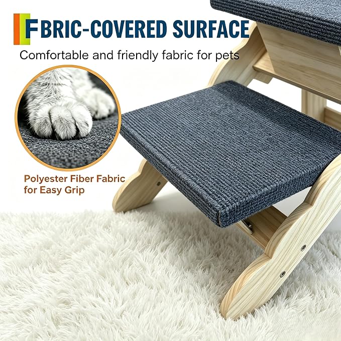 Wooden Dog Stairs, 2-in-1 Floded Flat Design Dog Steps for Beds Cars Couch, Anti-Slip Pet Ramp with 4 Steps, Indoor Pet Stairs for Small Medium Large Pet, up to 150 lbs