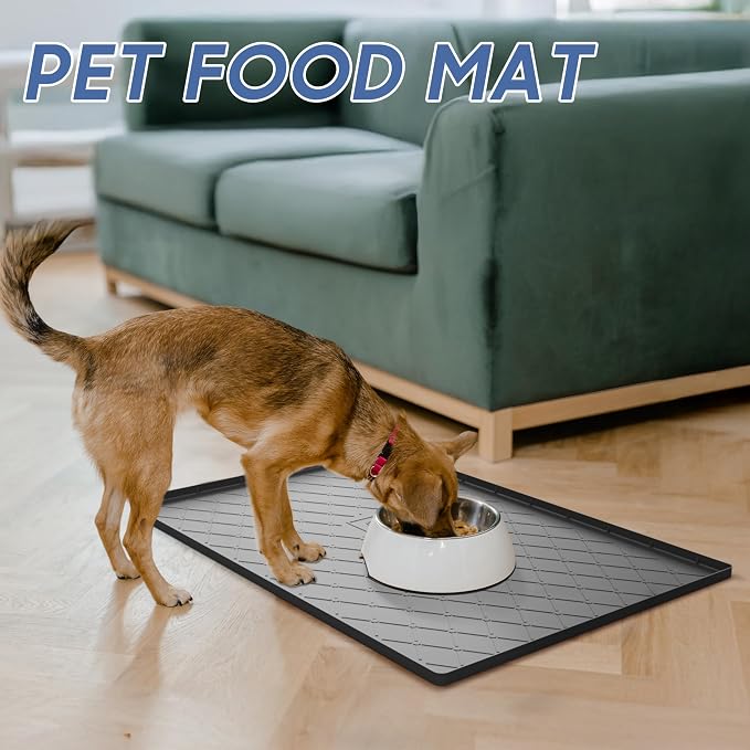 URMONA Large Dog Food Mat, 34" x 22" Pet Food Mat, Waterproof Dog Cat Food Mat with Raised Edges, Silicone Pet Food Mat, Dog Accessories, Prevents Food Spills, Protects Floors (Light Grey)