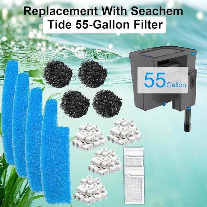 4 Set Aquarium Media Maintenance Kit, Replacement for Seachem Tide 55-Gallon Filter — Includes 4 Blue Sponges, 4 Bags of Activated Carbon, 4 Ceramic Rings, and 4 Mesh Bags.