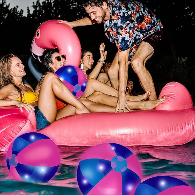 MiniInflat 12 Pcs Light up Beach Balls 16'' Jumbo Pool LED Balls Glow in the Dark Neon Giant Inflatable for Summer Hawaiian Tropical Theme Beach Party Decor Water Accessory (Pink)