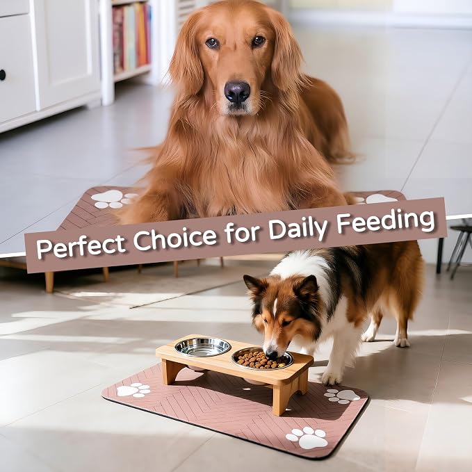 Pet Feeding Mat-Absorbent Dog Feeding Mat for Food and Water Bowl,No Stains Pet Placemat,Quick Drying Water Dispenser Mat for Dog and Cat,Easy to Clean Dog Accessories(L,Dark Brown White Paw)
