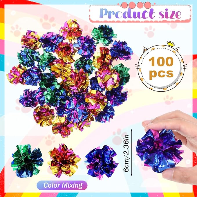 SHENLIU 2.36" Crinkle Balls for Cats, 100 Pcs Colorful Cat Toys Crinkle Ball Interactive Foil Cat Toy Balls for Indoor Kittens to Keep Fit Active