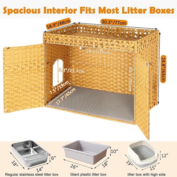 SZEE Cat Litter Box Enclosure Furniture, Hidden Litter Box with Mat, Handwoven Rattan Cat Houses for Indoor/Outdoor Cats, Large Litter Box Enclosure with 12” Edge for Living Room/Bedroom/Washroom
