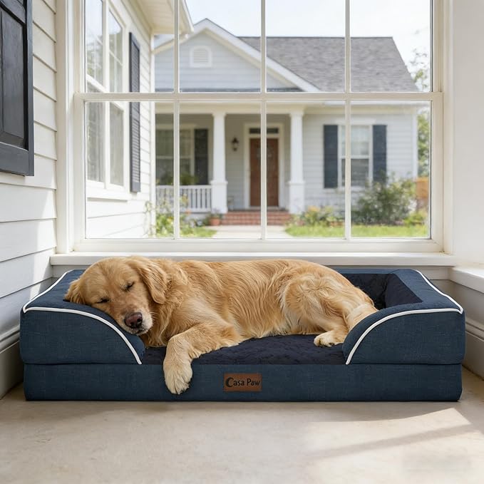 Orthopedic Dog Beds for Extra Large Sized Dogs 48x30 Inch, XL Waterproof Egg Crate Foam Dog Sofa Bed with Removable Washable Cover Big Pet Couch with Bolster & Non-Slip Bottom, Navy Blue
