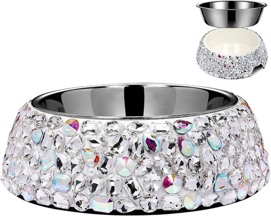 SlowVibes Bling Stainless Steel Dog Bowls,12oz Detachable Big Diamond Metal Food Water Bowl for Feeding Dogs Cats,Rust Resistant Non-Slip Puppy Dish,Sparkle Essentials for Small Medium Large Girl Pets