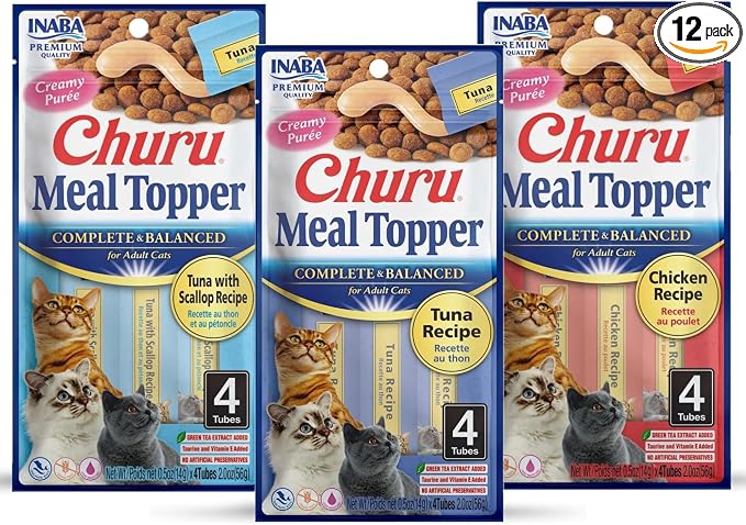 INABA Churu Meal Topper for Cats, Complete & Balanced, Creamy, Lickable Purée Cat Food Topper, 0.5 Ounce Tube, 12 Tubes (4 per Pack), 3 Flavor Variety Pack