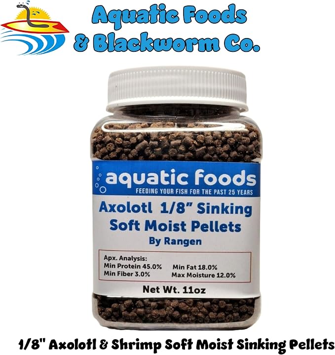 Axolotl Food 1/8" Soft Moist Sinking Salmon Pellets for Juvenile Axolotl Also Shrimp, Snails, Crabs, Crayfish, Bottom Tropical Fish..11oz Small Jar