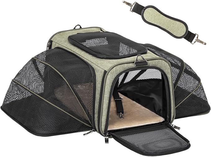 Petsfit Expandable Rabbit Carrier Bunny Carriers, 16 Inch Airline Approved Pet Carrier with 2 Extensions, Soft Washable Cushion, Self-Locking Zipper Head, Built-in Safety Rope, Fit for Travel