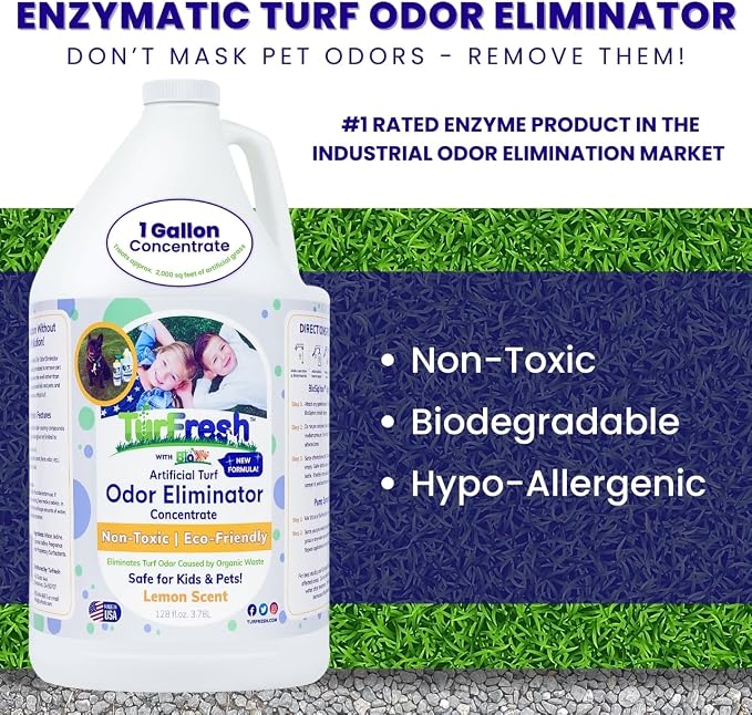 TurFresh BioX Artificial Turf Odor Eliminator – Yard Deodorizer for Dog Urine & Feces – Natural Concentrate Outdoor Cleaner – Safe for Kids & Pets – 1 Gallon Lemon Scent