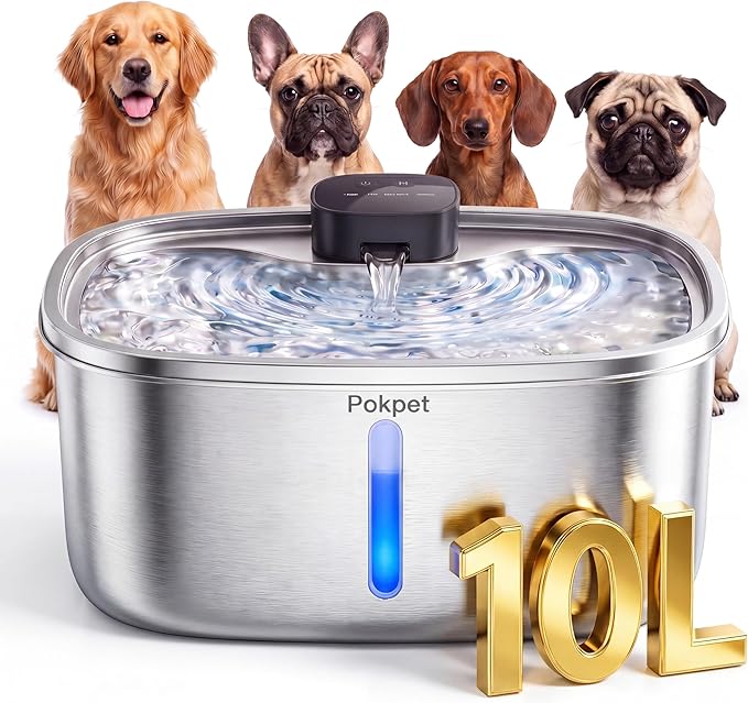 Water Fountain for Dogs Home Outdoor Multi-Pet Stainless Steel 10L/2.64gal Wireless Large Dogs Motion Sensor Dispenser Filtered Cordless Bowl Waterer -Wireless Stainless Steel&1Filters