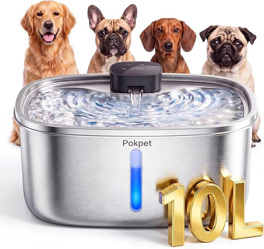 Water Fountain for Dogs Home Outdoor Multi-Pet Stainless Steel 10L/2.64gal Wireless Large Dogs Motion Sensor Dispenser Filtered Cordless Bowl Waterer -Wireless Stainless Steel&1Filters