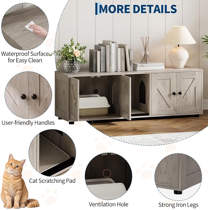 GarveeHome Dual Cat Litter Box Cabinet with Double Litter Box Enclosure, Hidden Litter Box Enclosure with Corridor, Cat Litter Box Furniture with Storage Layer, Hidden Litter Box TV Stand