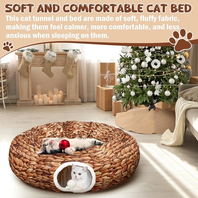 Soulchen Christmas Cat Tunnel Bed 3FT x 3FT x 9.8IN Indoor Cat Donut Tunnels Peekaboo Cave Toy 3 Way Winter Holiday Decor for Kitty Rabbit Ferret Puppy(Woven Brown)