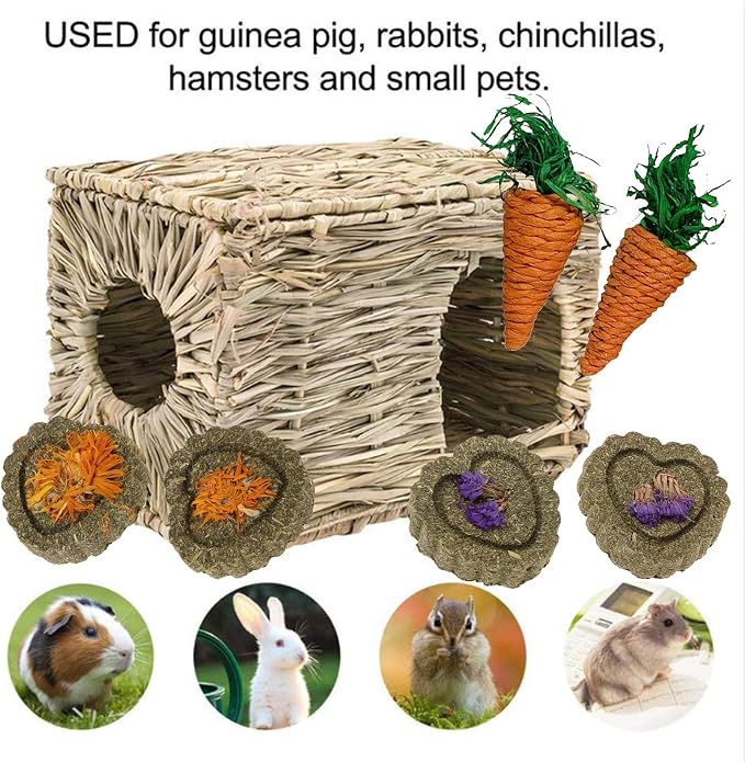 kathson 2 Pcs Rabbit Grass House Natural Foldable Hand Woven Seagrass Bed Carrot Hay Toy Hut Safe Comfortable Playhouse with 6 PCS Bunny Chew Toys for Bunny Hamster Guinea Pig Chinchilla Ferret