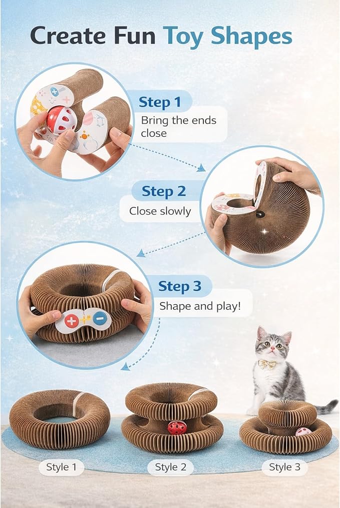 Kitty Curvels Style Transformable Cat Scratcher for Indoor Cats – Interactive Reversible Cat Scratching Pad, Durable Corrugated Cardboard for Furniture Protection（3PC）