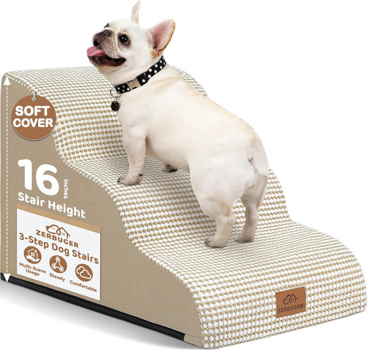Dog Ramp and Stair for Bed 16" H-20 H,3-Step Cat Stair for Sofa and Chair,4-Step Dog Ramp for High Bed and Window,Durable Nonslip Fabric Cover for Indoor (Beige-16 H, Pet Friendly, 3)
