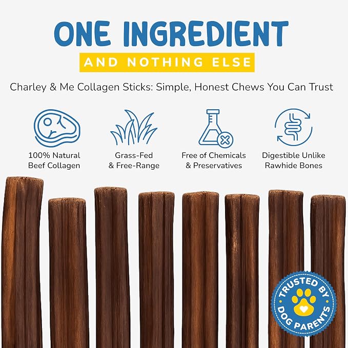 CHARLEY & ME Premium Collagen Sticks for Dogs - Long Lasting Dog Treats, Free Dog Chew Sticks - Hip & Joint Support, Healthy Skin, Shiny Coat - 100% Natural Beef - 6 Inches (Pack of 25)