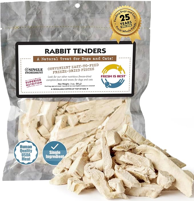 Fresh Is Best Rabbit Tenders Freeze Dried Dog Treats – Raw Freeze Dried Rabbit Dog Treats for Cats & Canines in Resealable Zipper Bag – High-Protein Single Ingredient – Made in the USA
