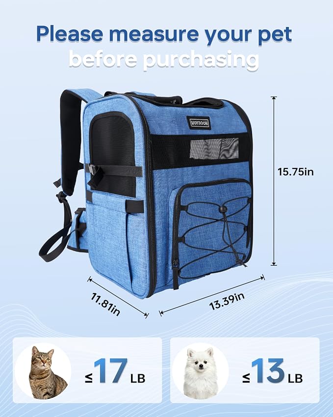 Hiking Dog Carrier Backpack, Adjustable Waist Cushioning Belt with Breathable Padded Back Support, Dog Carrier for Hiking with 5 Pockets, Dog Carrier Backpack for Small Dogs Max 13LB Blue