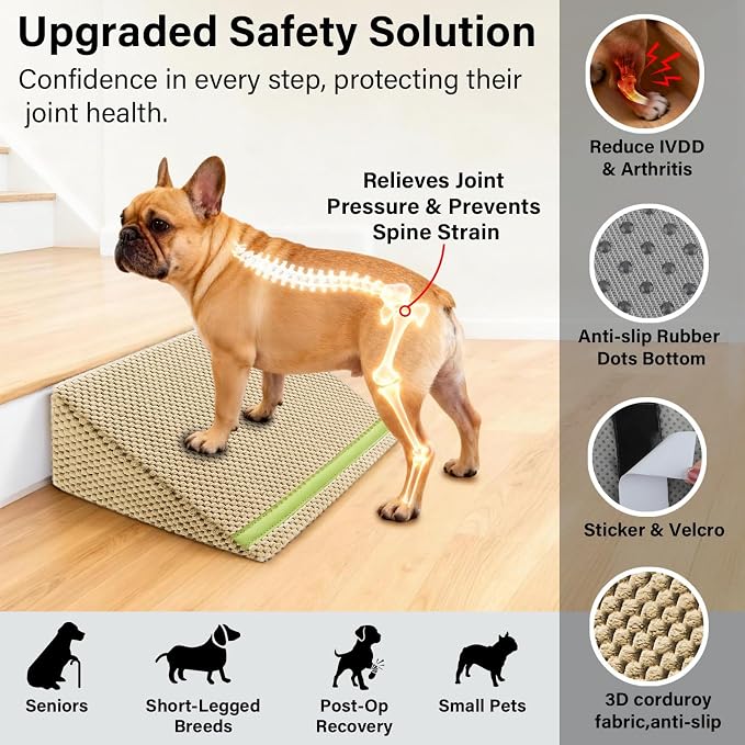 JoyBlooms Upgraded Dog Ramp for Stairs for Small & Senior Dogs Cats, 40D Density Foam Gentle 30° Slope Non-Slip Dog Stair Ramp with Glow Strip, Pet Ramp with Removable Washable Cover, Brown-6pcs