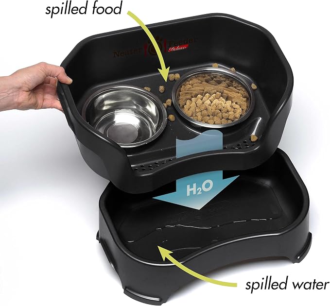 Neater Feeder Deluxe Mess-Proof Elevated Cat Bowls, 2 Height Adjustable (6” & 7.5”) No-Spill Raised Cat Bowl Stand, Whisker Friendly Stainless Steel Dishes for Indoor Cats, Made in USA, Black