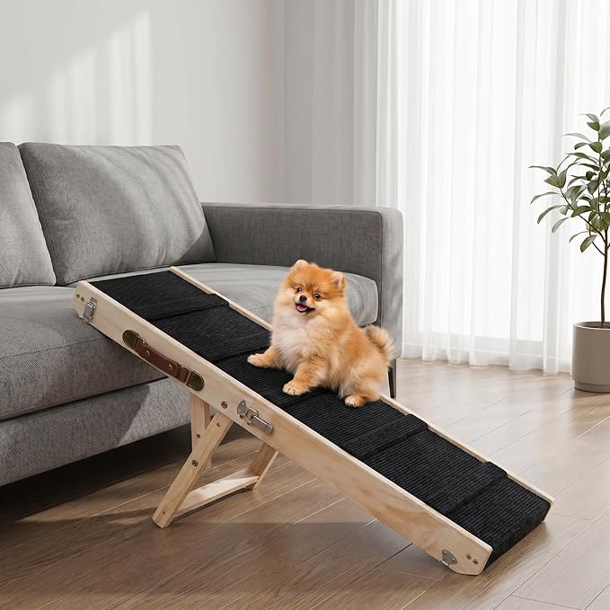 Wooden Dog Ramp for Bed and Couch, 4 Adjustable Heights Folding Pet Ramp with High Traction Fabric Surface, Portable Solid Pine Wood Dog Steps for Couch, Max 25KG (Trumpet)