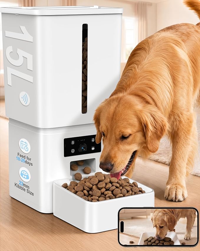 15L/63 Cups Automatic Dog Feeder for Large Breeds: Feeds for 18–25 Days, Anti-Clog Design for 2–23mm Kibble - Smart Dog Food Dispenser with HD Camera and Timer for Busy Pet Parents