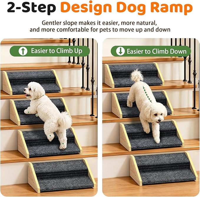4 Pack Dog Ramp for Stairs-2-Step Wooden Pet Ramp with Non-Slip Carpet for Small Dogs,Gentle Slope Support for Senior Injured Aging Short-Legged Pets,Indoor Use