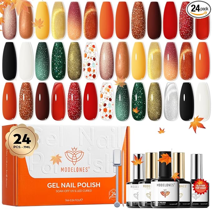 modelones 24PCS Gel Nail Polish Set, Fall Winter Cat Eye Shimmer Gel Polish Kit Soak Off with Glitter, Glossy and Matte Top Base Coat DIY Manicure at Home