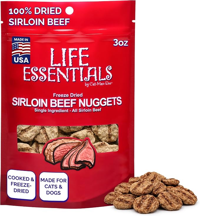 Life Essentials by Cat-Man-Doo | Sirloin Beef Nuggets - 3oz. Bag | Cooked & Freeze Dried Beef for Cat & Dog Treats | Healthy, Single Ingredient, Training Treats, High Protein